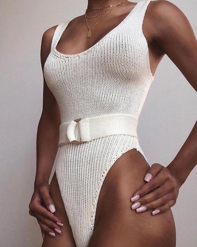 

Lace-up Back Sleeveless Round Neck Knit Bodysuit, Beige