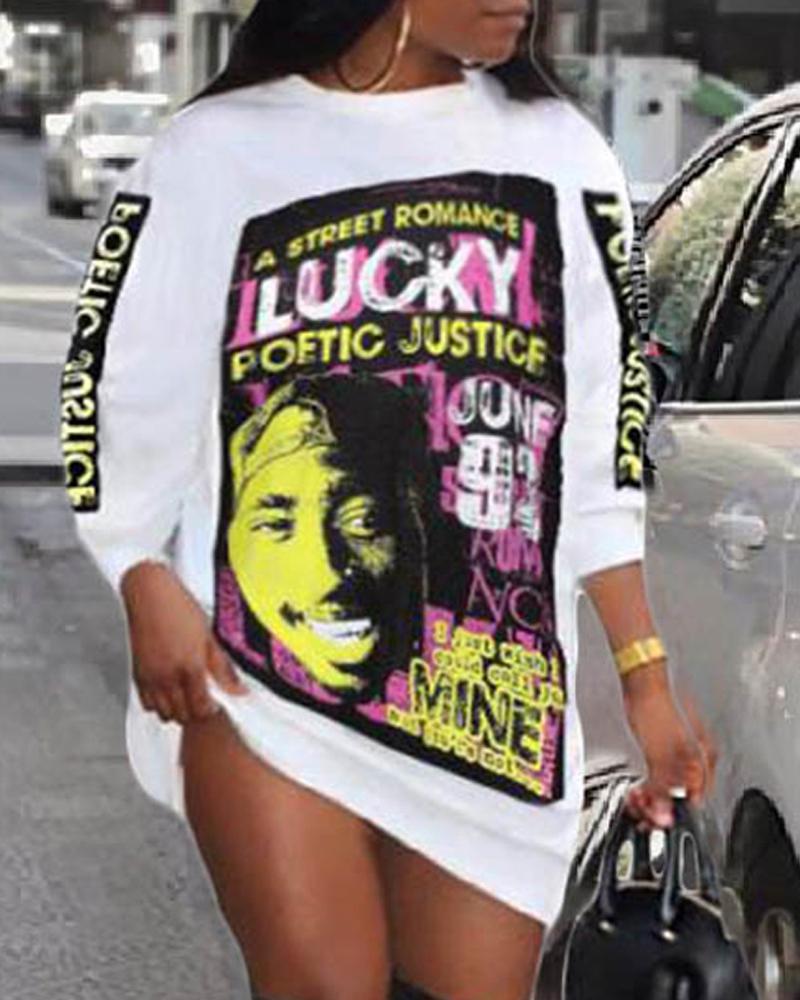 

Figure Letter Print Long Sleeve Sweatshirt Dress, White