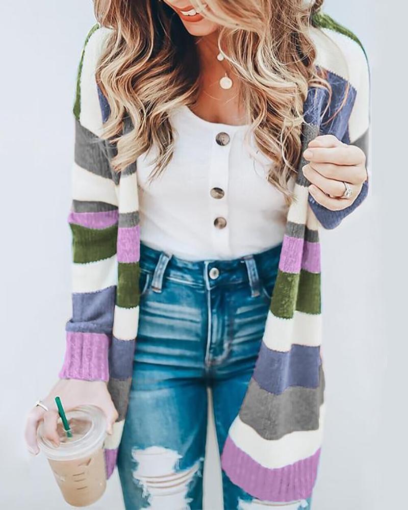 

Knitting Striped Long Sleeve Open Front Sweater, Purple