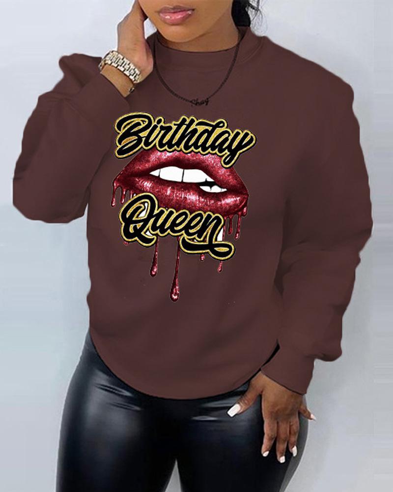 

Plus Size Letter Lip Print Long Sleeve Sweatshirt, Coffee