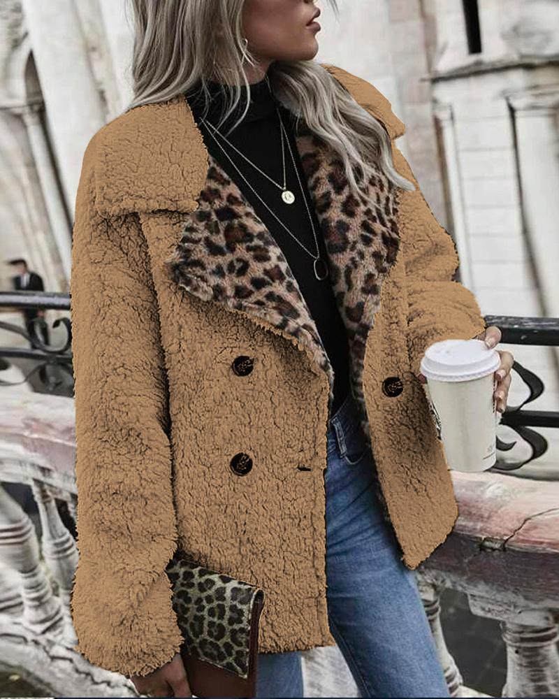 

Contrast Leopard Double Breasted Teddy Coat, Brown