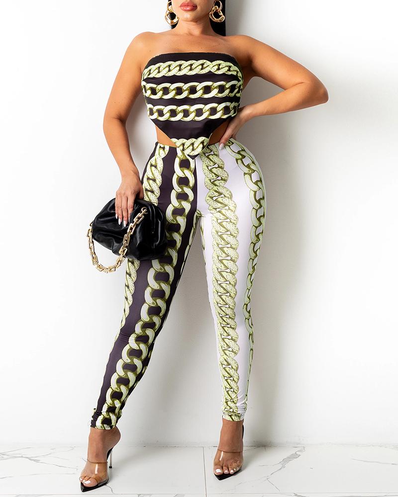 

Chain Print Open Back Tube Top & Pants Set, Green