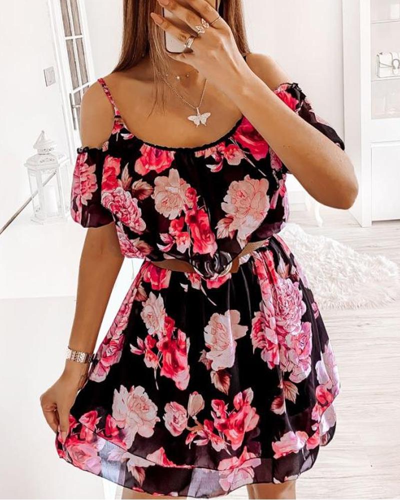 

Floral Print Cold Shoulder Chiffon Dress, Black