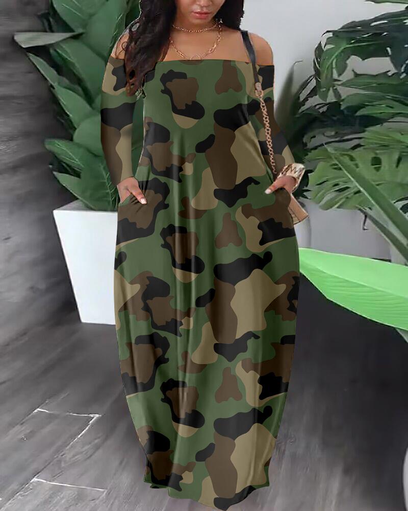 

Plus Size Camouflage Print Pocket Design Maxi Dress, Army green
