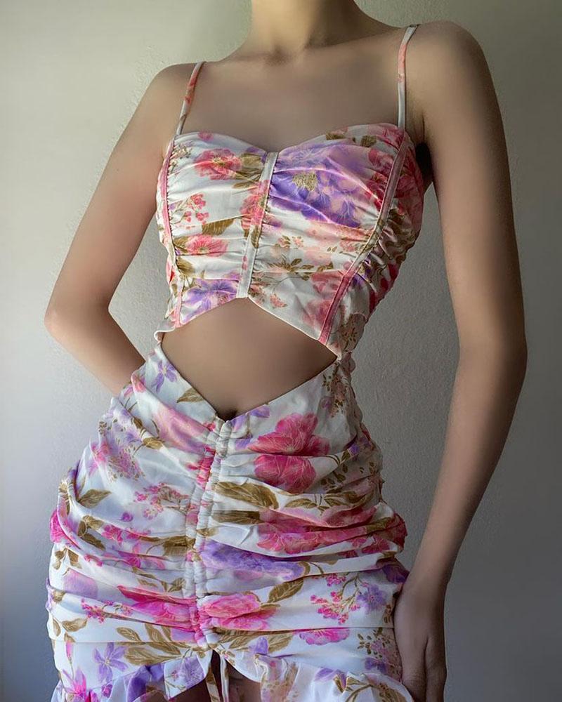 

Floral Print Cutout Drawstring Bodycon Spaghetti Strap Dress, Pink