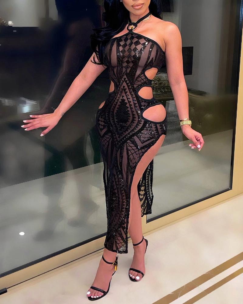 

Halter Cutout Slit Sheer Mesh Sequins Maxi Dress, Black