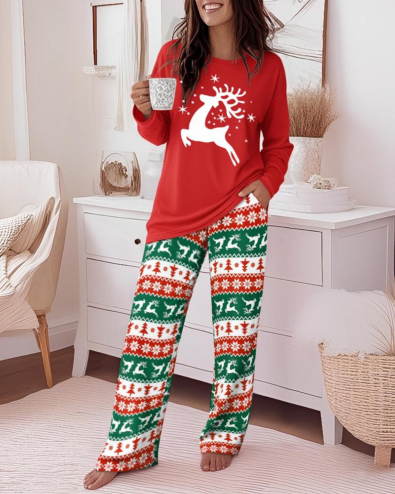 

Ensemble pyjama 2 pièces décontracté avec haut à manches longues et épaules tombantes et pantalon à taille élastique à imprimé renne de Noël, Red