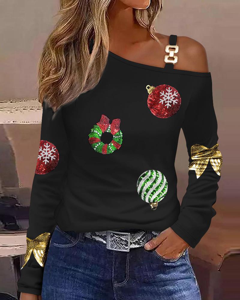 

Christmas Graphic Pattern Cold Shoulder Top, Black