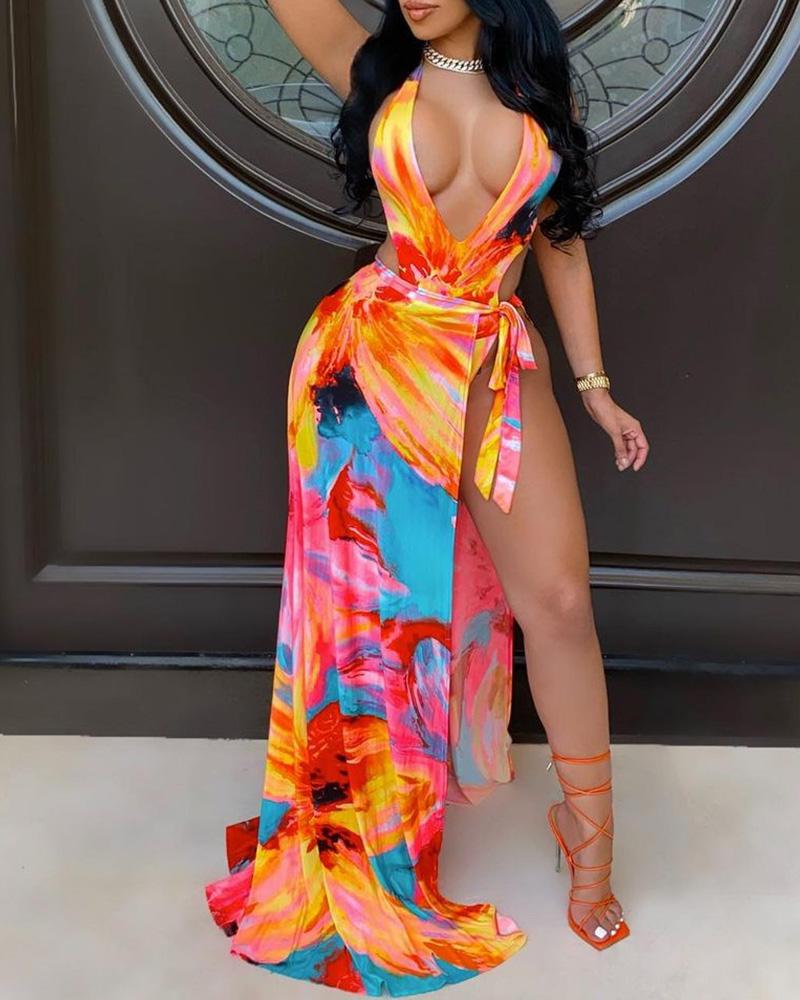 

Colorbock High Slit Plunge Maxi Dress, Orange
