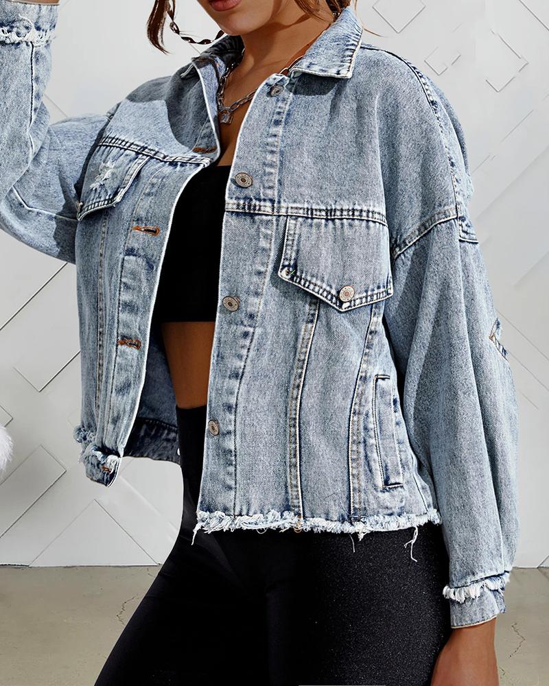 

Pocket Design Frayed Denim Jacket, Blue