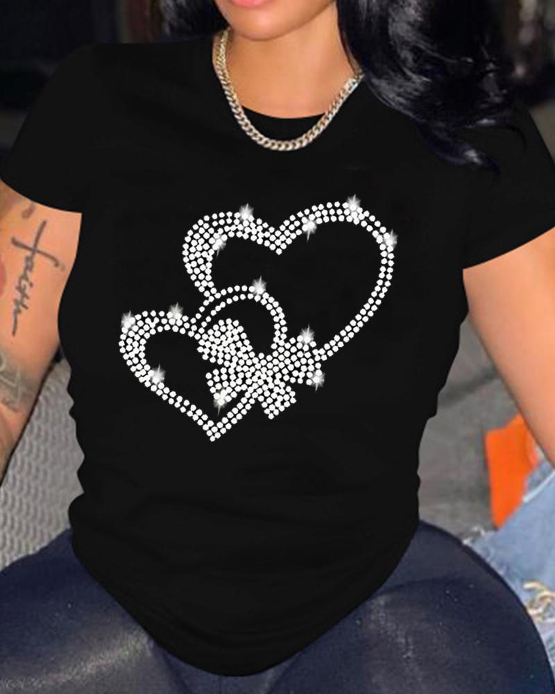 

Rhinestone Double Heart Pattern Casual T-shirt, Black