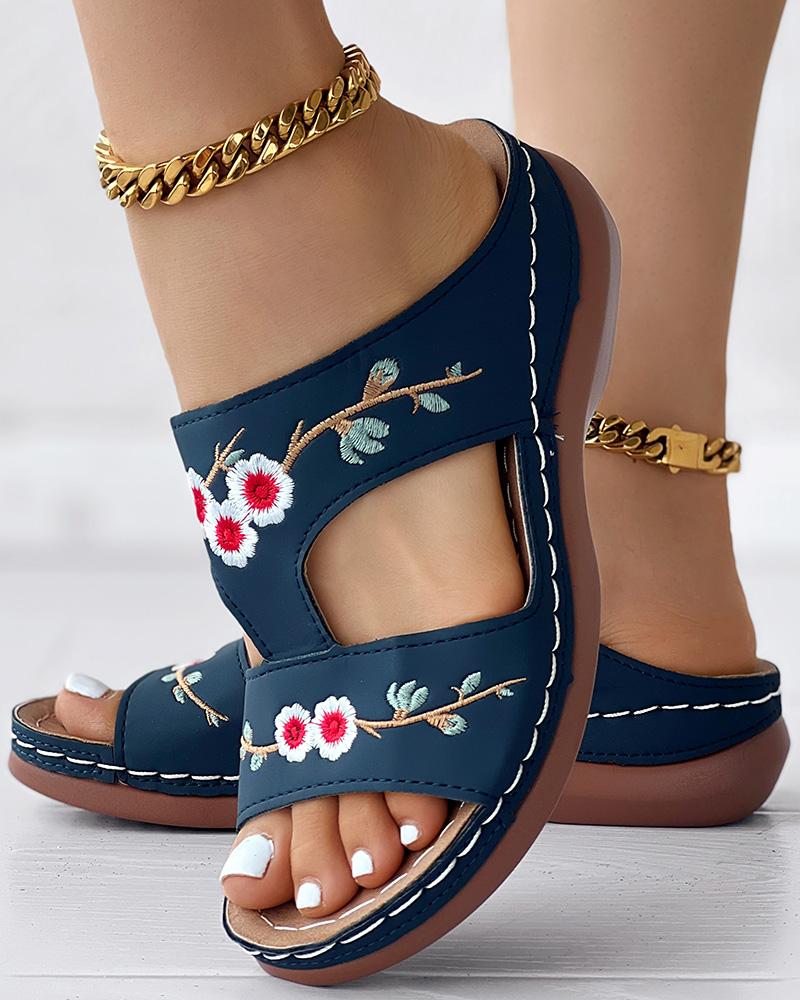 

Floral Embroidery Peep Toe Hollow Wedge Sandals, Purplish blue