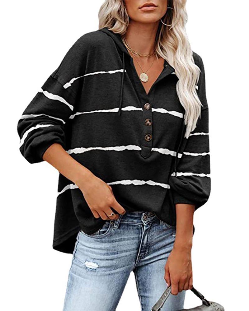 

Striped Button Front Long Sleeve Hooded Top, Black