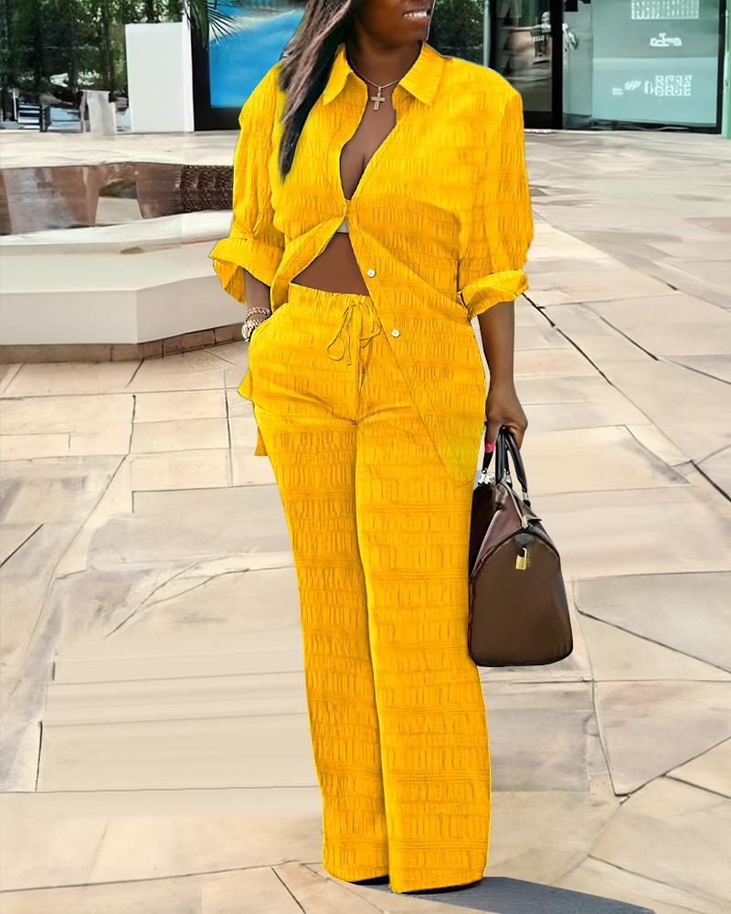 

Bubble Textured Buttoned Shirt & Pants Set, Yellow