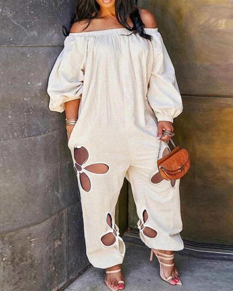 

Off Shoulder Lantern Sleeve Cutout Jumpsuit, Beige