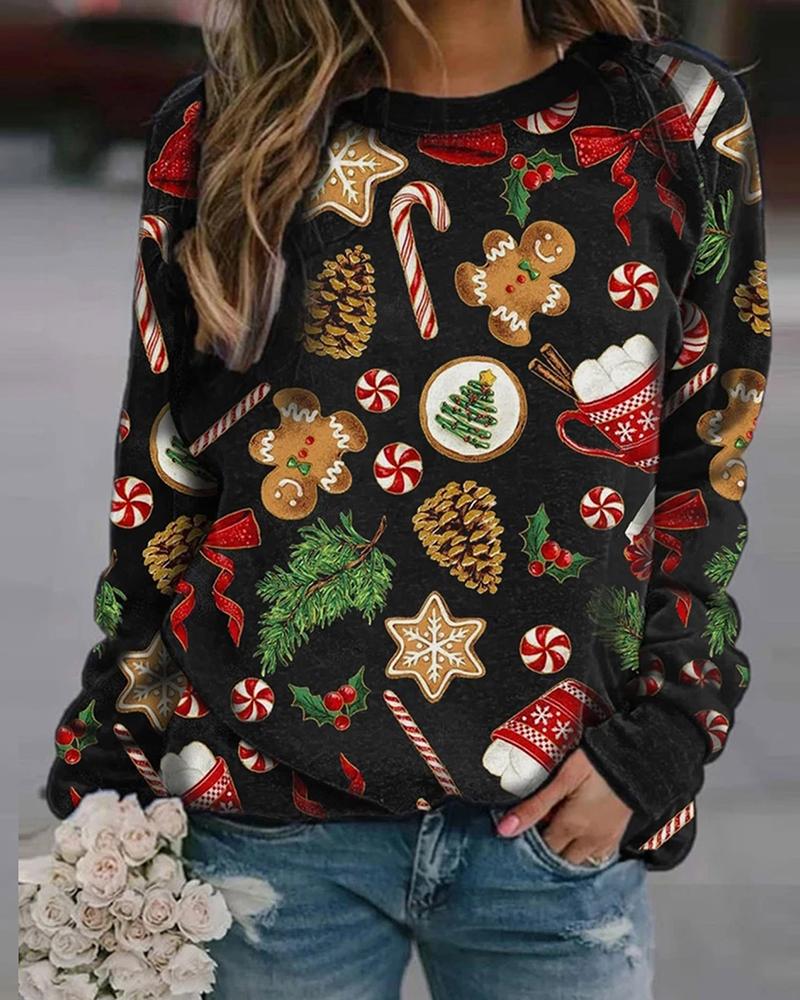 

Christmas Patterns Long Sleeve Loose Sweatshirts, Black