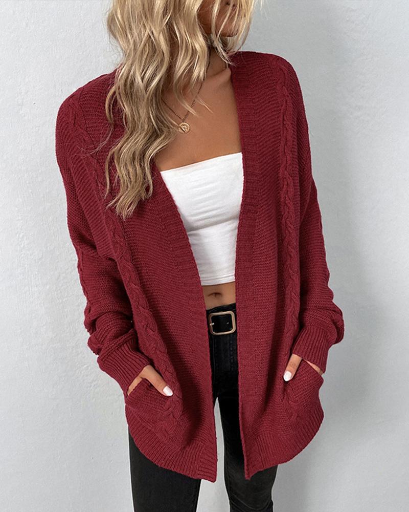 

Long Sleeve Open Front Cable Knit Cardigan, Wine red