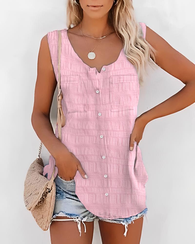 

Buttoned V-Neck Textured Tank Top, Pink