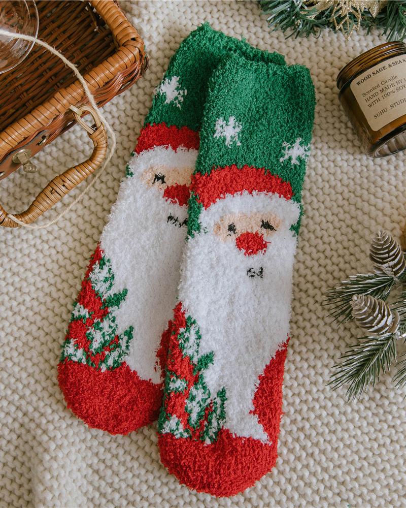 1 paire de chaussettes moelleuses à motif d'élan du père Noël de Noël