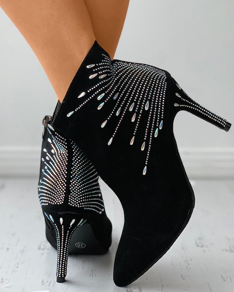 

Rhinestone Decor Pointed Toe Suede Heeled Boots, Black