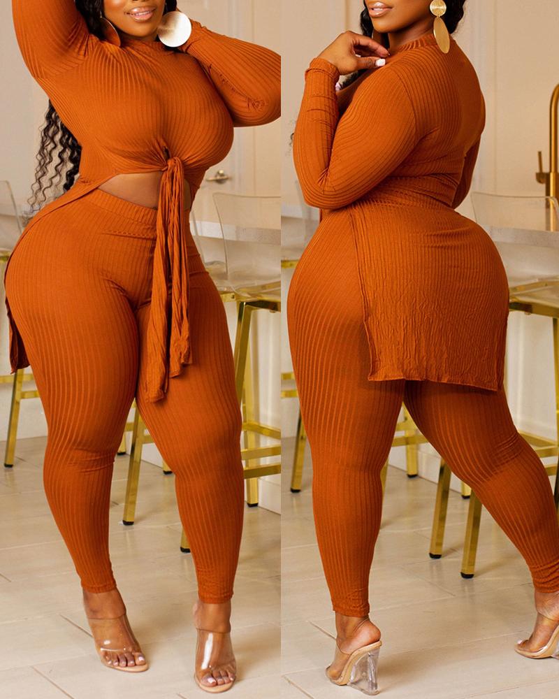 

Plus Size Ribbed Split Hem Long Sleeve Top & Pants Set, Orange