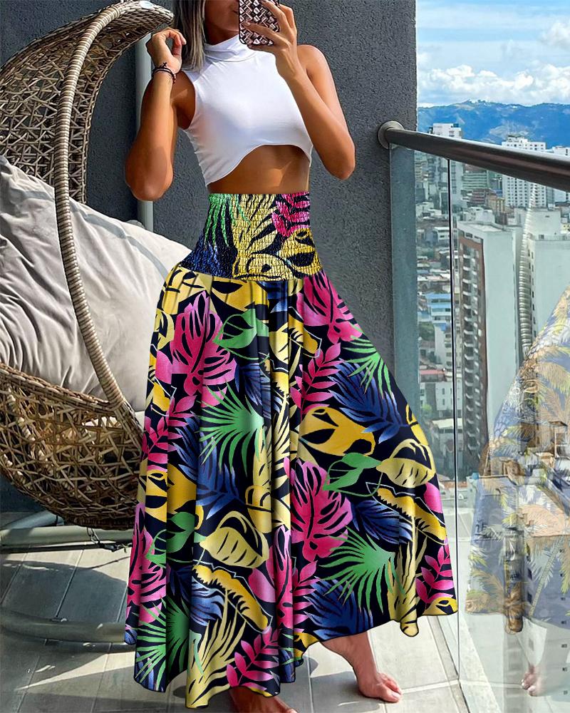 

Tropical Leaf Print Shirred Wide Leg Pants, Dark blue