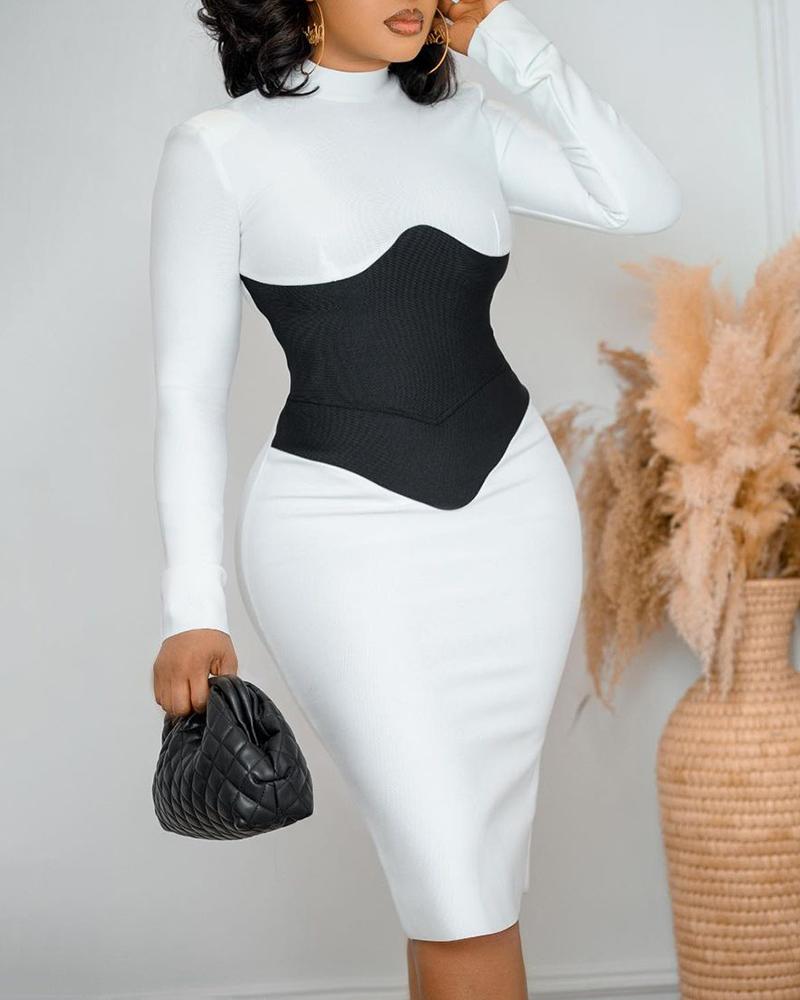 

Colorblock Long Sleeve Bodycon Dress, White