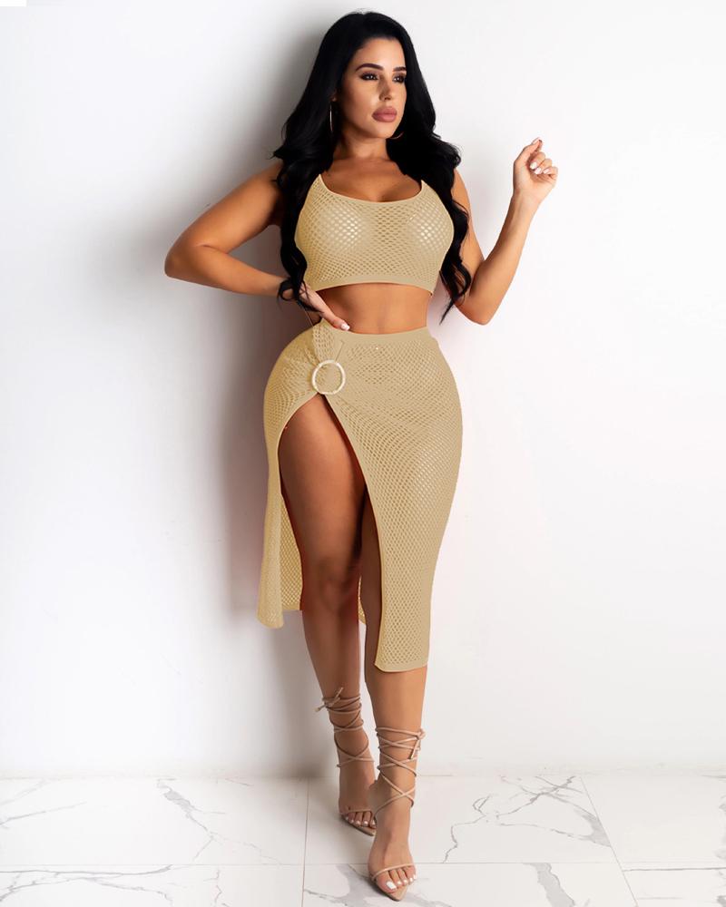 

Solid See-through Skinny Tanks With Slit Skirts Skirt Sets, Apricot