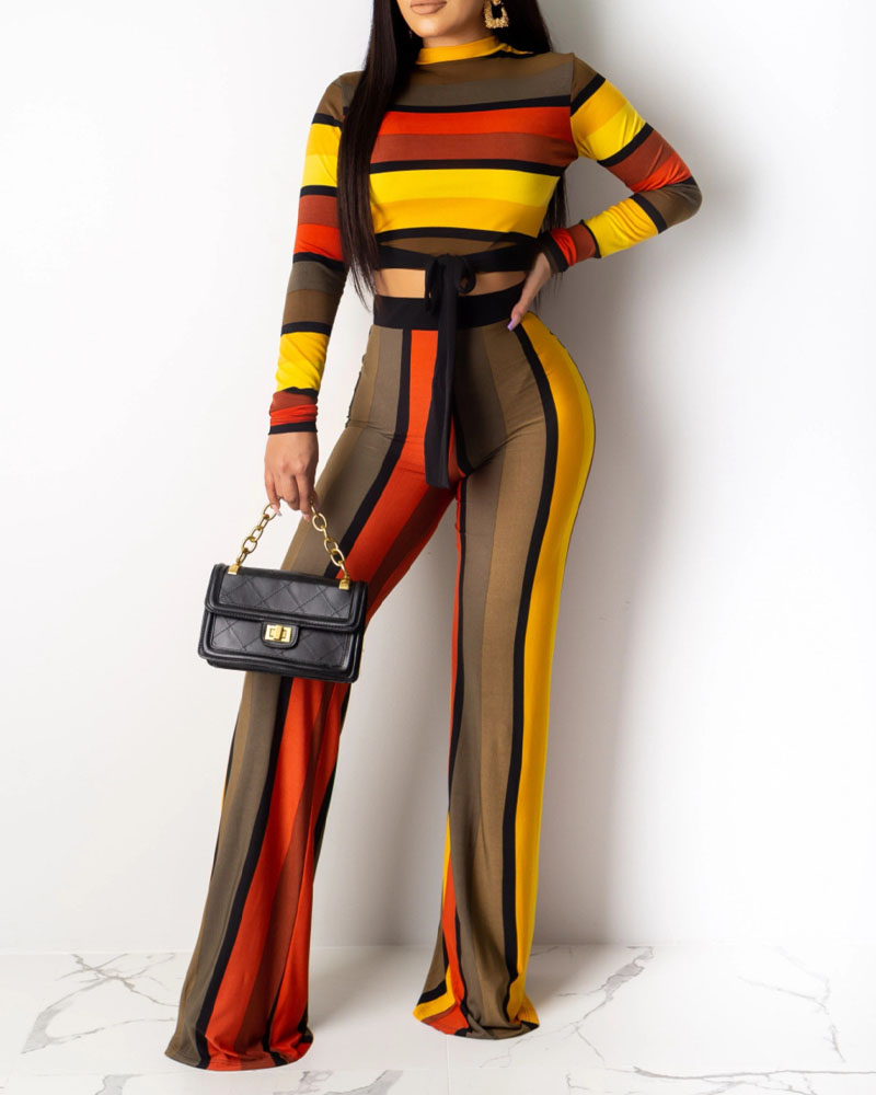 

Striped Long Sleeve Tied Detail Crop Top & Pants Set, Yellow