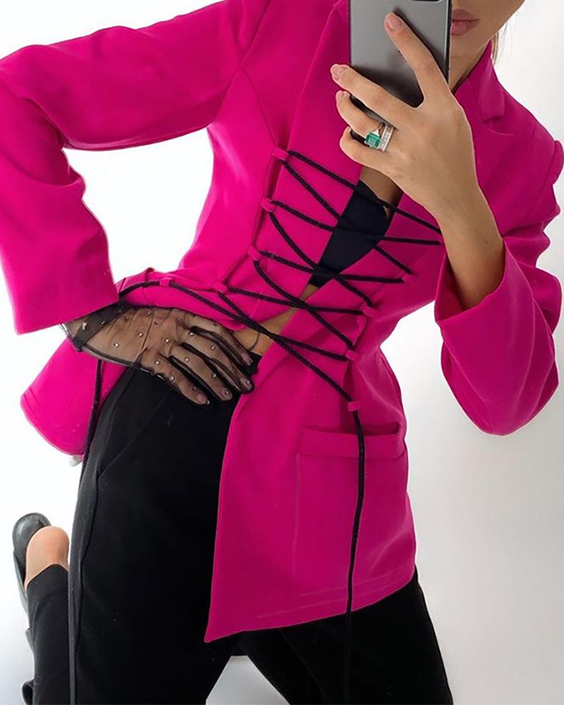 

Lace Up Pocket Decor Long Sleeve Blazer Coat, Pink