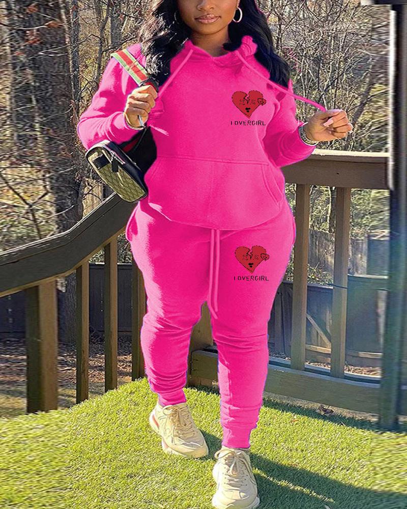 

Plus Size Heart Letter Print Casual Hoodie & Pants Set, Hot pink
