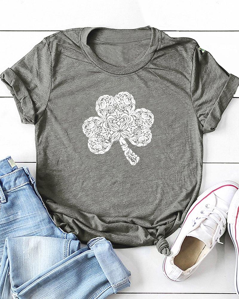 

St.Patrick' Day Clover Print Short Sleeve T-Shirt, Gray