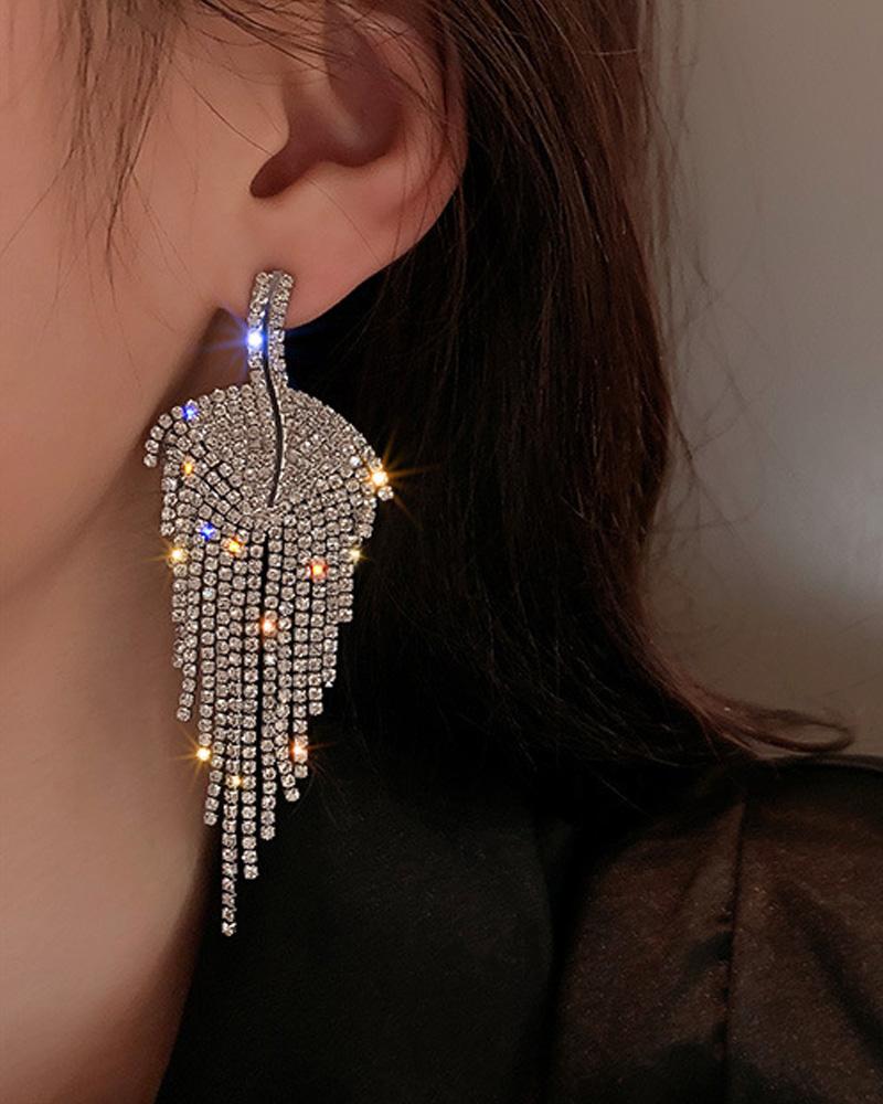 

1Pair Leaf Shape Rhinestone Decor Earrings, Silver