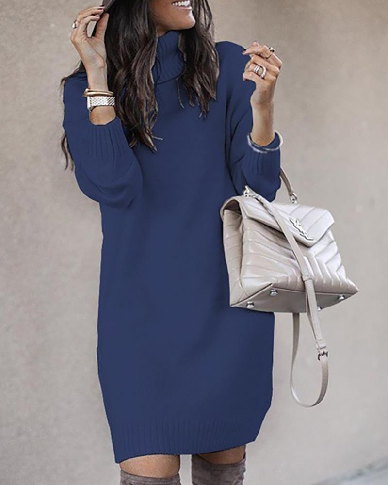 

High Neck Plain Long Sleeve Knit Sweater Dress, Blue