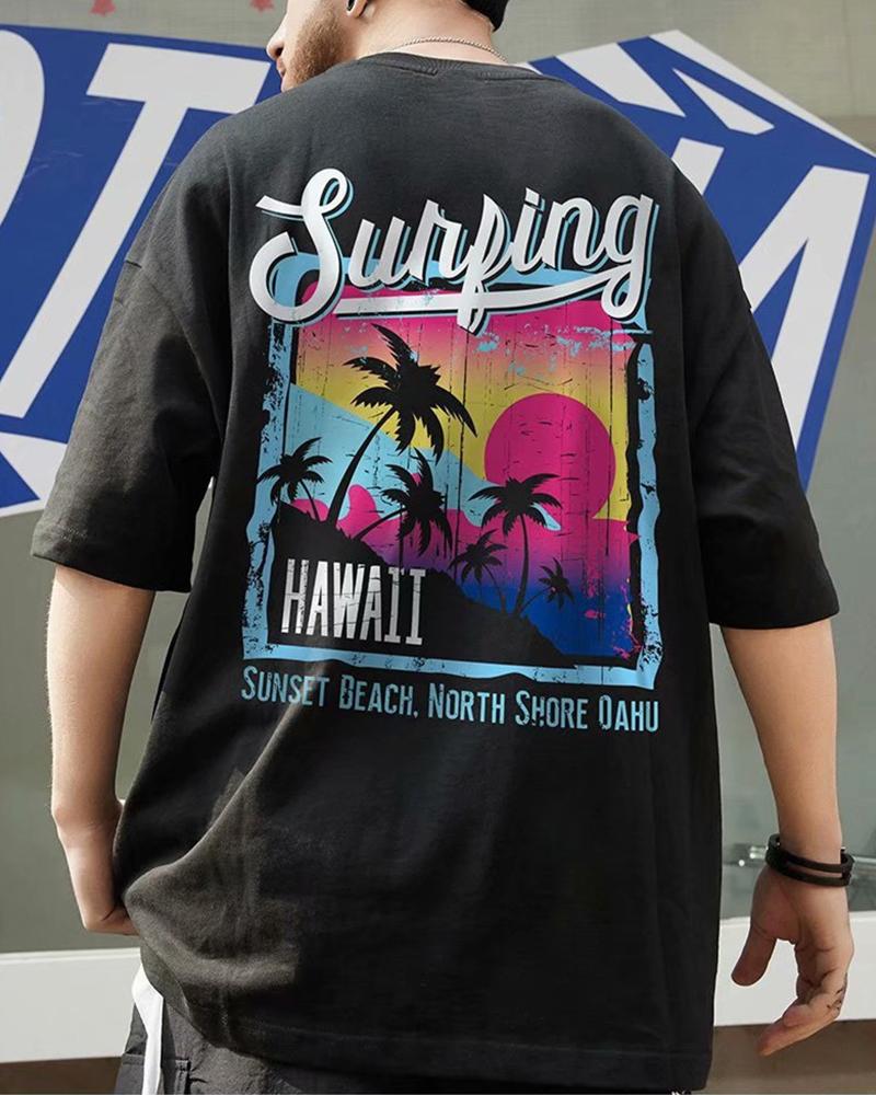 

Hawaii Cartoon Print Short Sleeve Loose T-shirts, Black