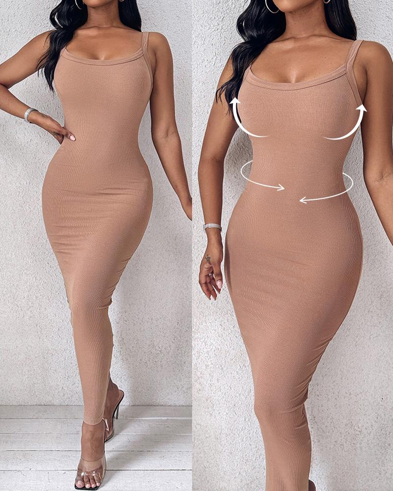 

Robe longue moulante côtelée sans manches ChicMe ShapeSculpt Basic Lounge Slip à col en U, Khaki