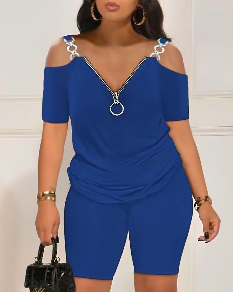 

Cold Shoulder Zipper Design Top & Shorts Set, Blue