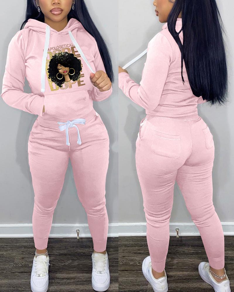 

Figure Letter Print Casual Hoodie & Pants Set, Pink