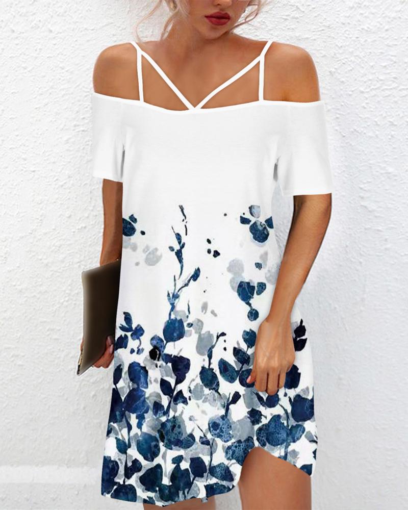 

Plants Print Cold Shoulder Casual Dress, White