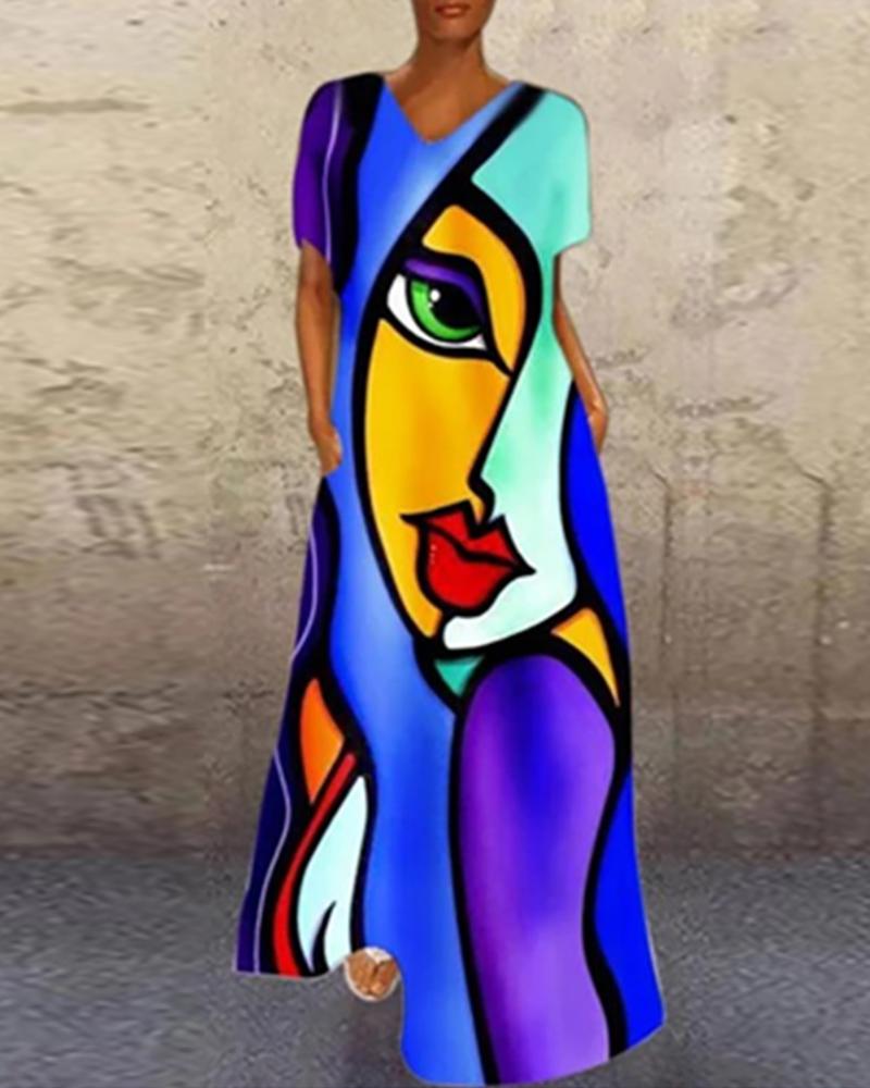 

Abstract Figure Print V Neck Maxi Dress, Multicolor
