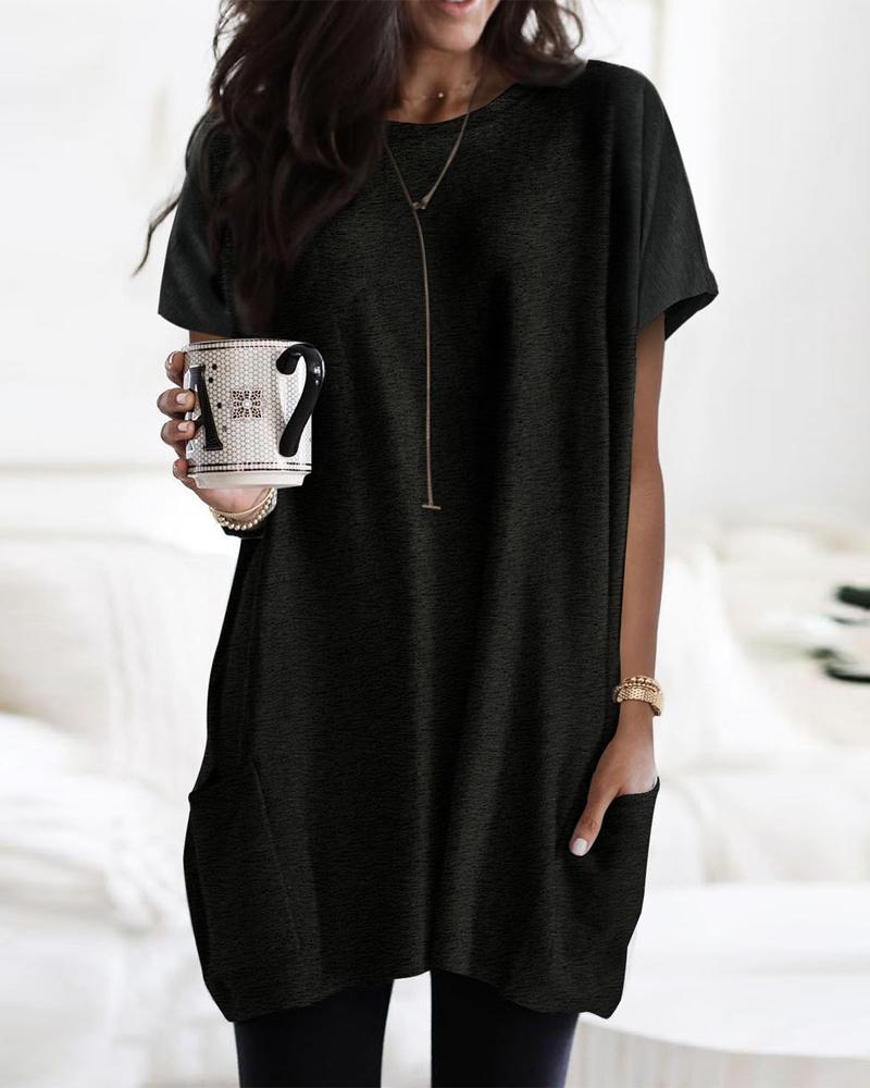 

Pocket Design Round Neck Casual T-shirt, Black