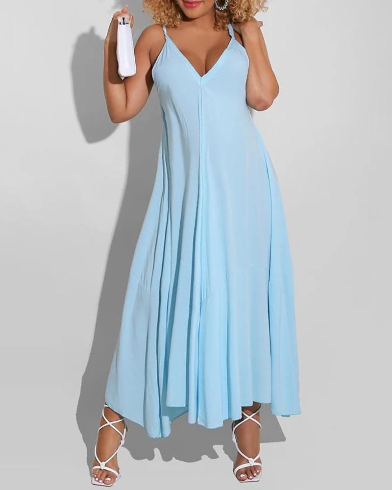 

V-Neck Backless Ruched Spaghetti Strap Maxi Dress, Blue