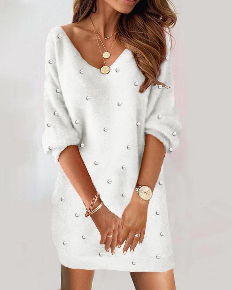 

Pearls Decor V-Neck Half Sleeve Fuzzy Casual Dress, White