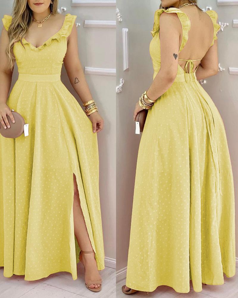 

Ruffle Hem Open Back Dress V Neck Side Slit Maxi Dress, Yellow
