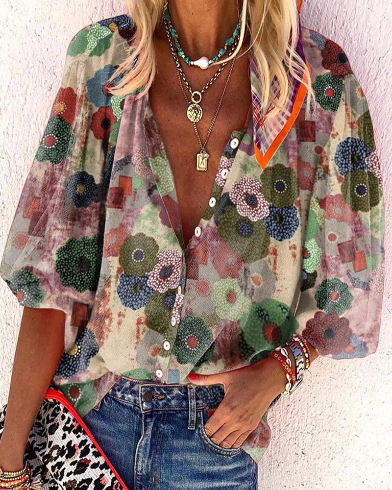 

Floral Print Buttoned Lantern Sleeve Shirt, Red