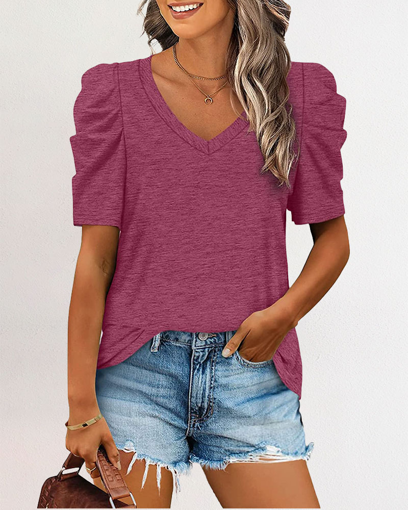 

V-Neck Puff Sleeve Casual T-shirt, Red