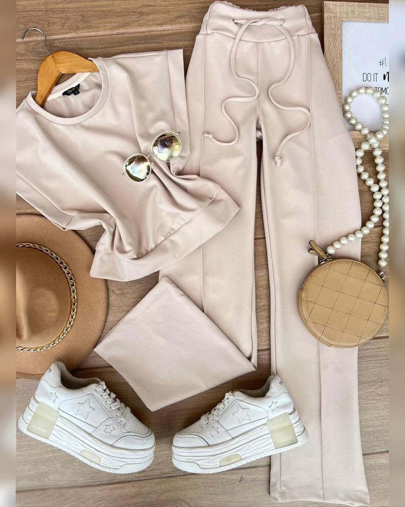 

Cap Sleeve Crop Top & Drawstring Straight Leg Pants Set, Khaki