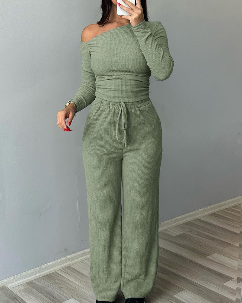 

2 Piece Skew Neck Long Sleeve Pullover Ribbed Top & Stretchy Tied Detail Waist Pants Outfits Set, Green