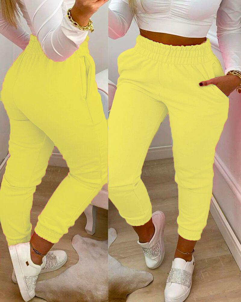 

Pocket Design Shirring Waist Frill Hem Casual Pants, Yellow