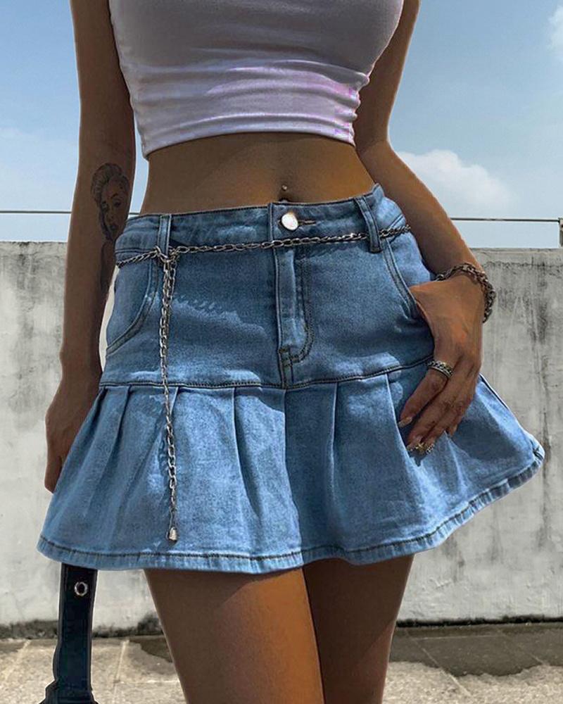 

Zip Fly Ruffle Hem Denim Skorts, Lighted blue